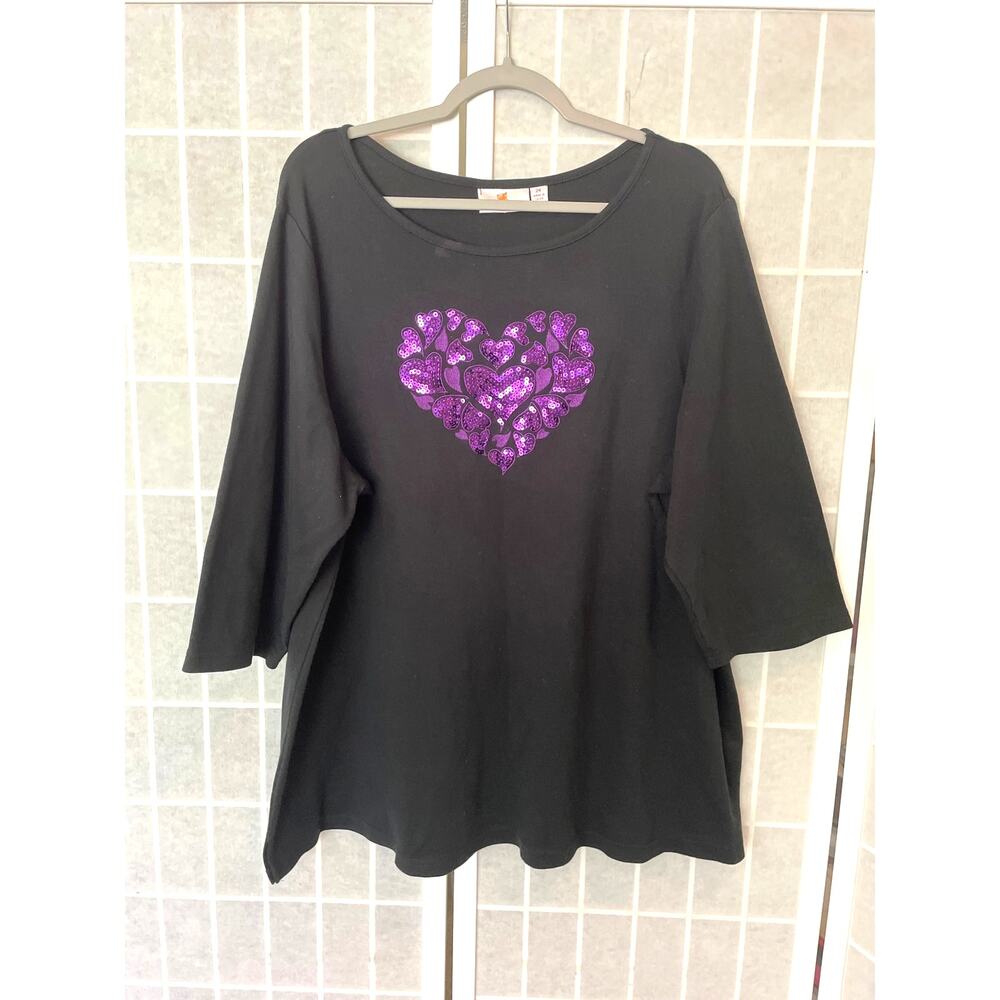 Quacker Factory Black Bateau Neck Top Purple Sequins Heart 3/4 Sleeve 2X Sparkle